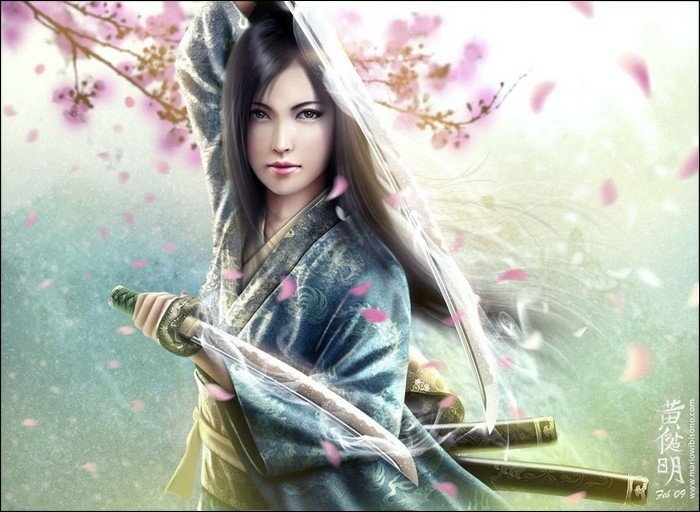 A fantasy-styled female warrior from Legend of the Five Rings stands poised with a drawn sword amid falling cherry blossoms.