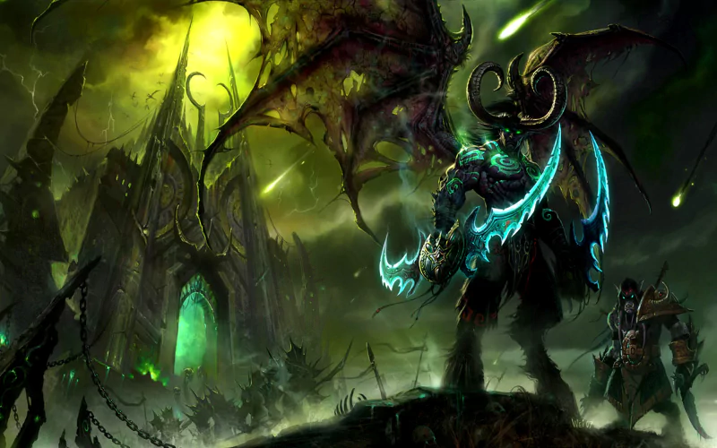 A dramatic scene from the Warcraft video game, featuring a menacing figure with glowing weapons against a dark, foreboding landscape and sinister architecture.