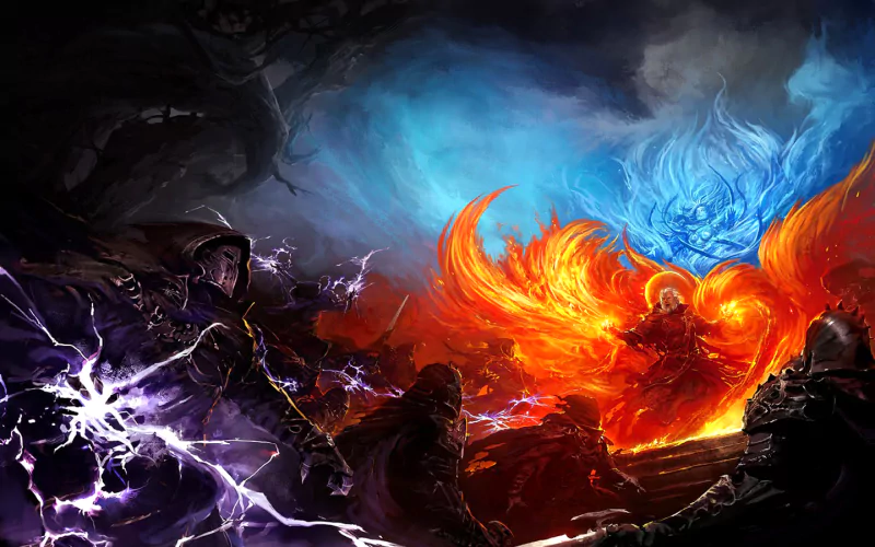 Guild Wars video game scene: a fiery orange phoenix-like spirit clashes with a blue spectral entity while armored figures hurl purple lightning on a stormy battlefield.