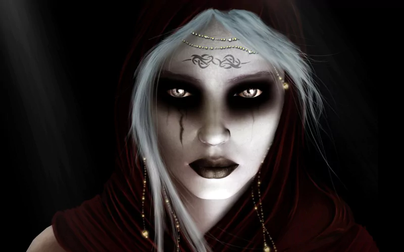 A dark, sinister woman stares intensely, her pale skin contrasted by deep shadows. Her haunting eyes and mysterious adornments enhance her evil allure.
