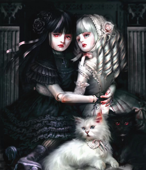 Two porcelain dolls in dark, Victorian-inspired dresses embrace, surrounded by a white cat and a black cat, creating a haunting atmosphere of fantasy and darkness.