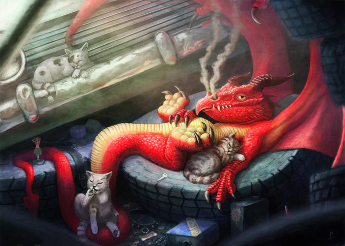 A vibrant fantasy scene featuring a red dragon lounging comfortably among playful cats, creating a whimsical and cozy atmosphere in a cluttered space.