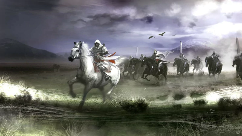 Assassin's Creed video game scene: a hooded assassin on a white horse leads a mounted group charging across a misty plain, dust and birds stirred beneath a brooding, cloudy sky.