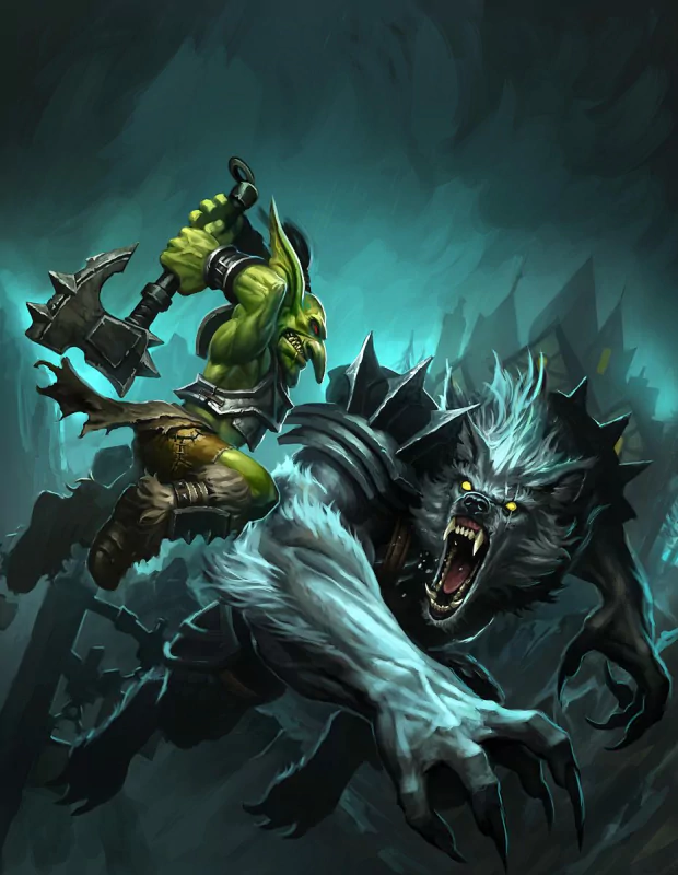 A fierce goblin wields an axe while battling a snarling werewolf in a dark, atmospheric landscape, showcasing an intense clash between two mythical beings.