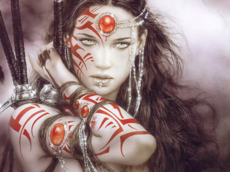 A striking fantasy woman with intricate red tattoos and ornate jewelry gazes intensely, her flowing hair complementing the mystical atmosphere of the image.