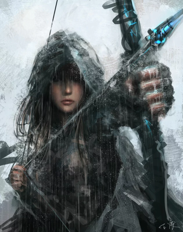 A fantasy-style image of a woman in a dark hood, drawing a glowing bow, set against a stylized Sydney city background.