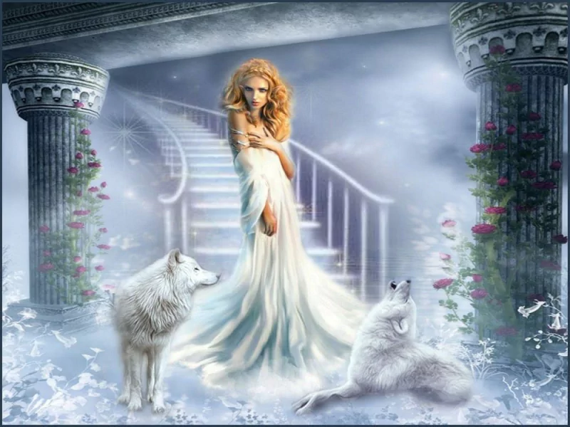 A fantasy scene featuring a woman in a flowing white dress, surrounded by ethereal mist, with a white wolf and a smaller animal at her feet, set against a backdrop of grand pillars and a staircase.