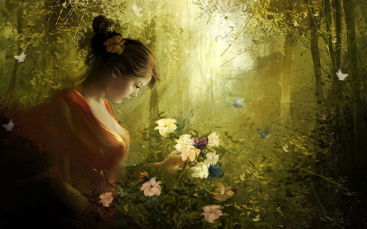 A woman in an artistic style gazes down at colorful flowers in a serene, sunlit forest, surrounded by soft greens and hints of butterflies.
