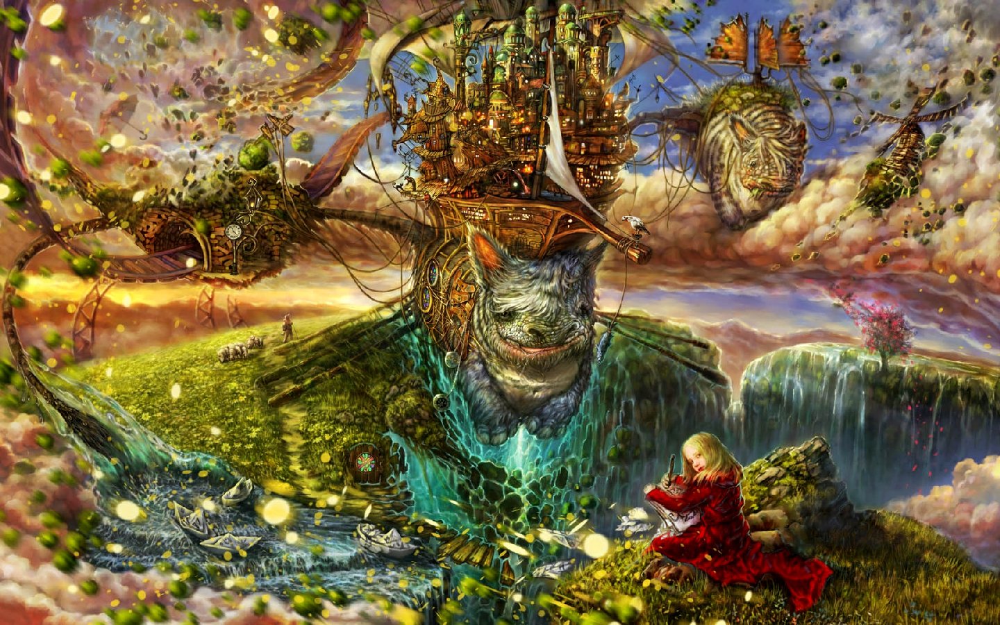 A surreal artistic depiction of a dreamlike landscape features a giant smiling figure, whimsical creatures, and a child in red, surrounded by vibrant colors and floating elements.