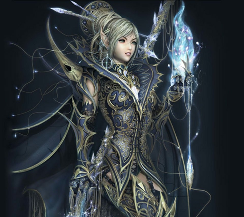 Fantasy sorceress in intricate gold-and-blue filigree armor, clutching a glowing crystalline staff as arcs of magical light and runes swirl around her.