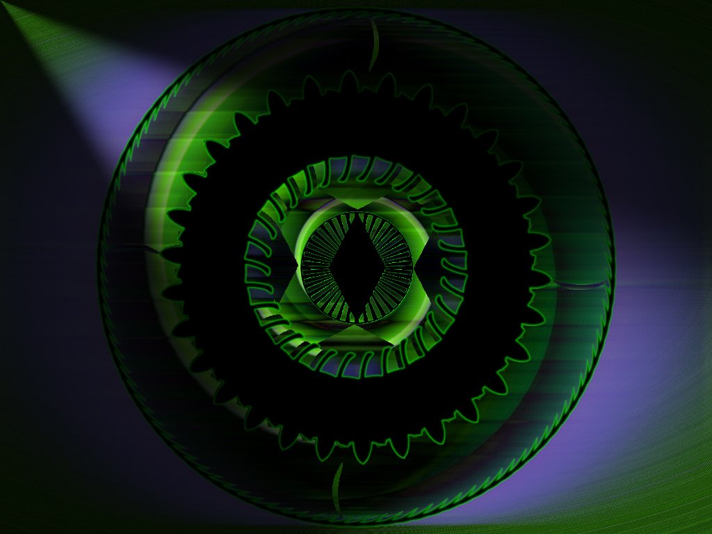 Abstract design featuring concentric circular patterns in varying shades of green, creating a layered, gear-like effect illuminated by dynamic light and color contrasts.