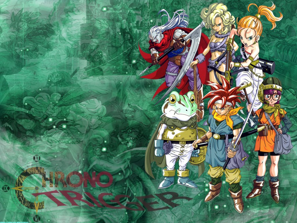 Chrono Trigger video game art: the main party (Crono, Marle, Lucca, Frog, Robo, Ayla) grouped at right on a green textured background with the game's logo.