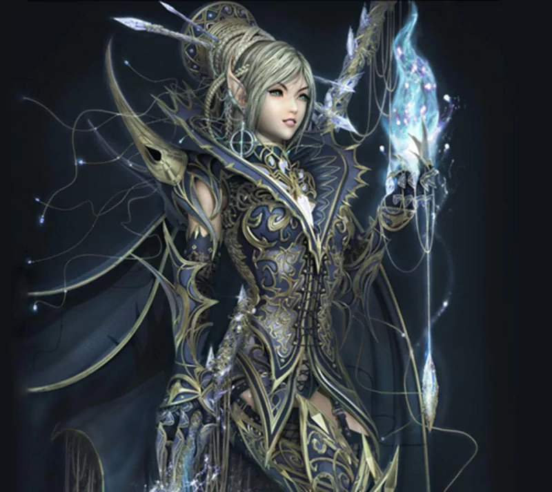 Fantasy sorceress in intricate gold-and-blue filigree armor, clutching a glowing crystalline staff as arcs of magical light and runes swirl around her.
