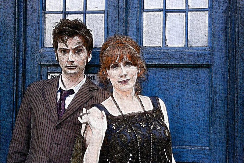 David Tennant and Catherine Tate stand in front of the TARDIS from the TV show Doctor Who (2005), both dressed in character.