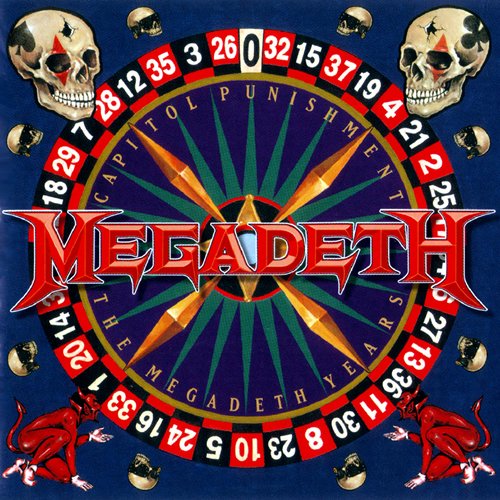 Megadeth album art — red Megadeth logo over a roulette-style spoked wheel with numbered slots, skulls at the corners and small red demonic figures on a dark blue background.