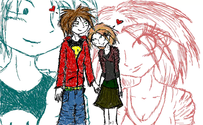 A colorful, artistic illustration of two characters holding hands, radiating love, surrounded by playful hearts and expressive sketches in the background.