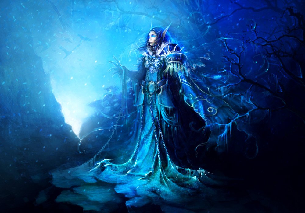 A mystical sorceress from the Warcraft video game stands in a glowing, icy blue forest environment, casting a powerful spell.