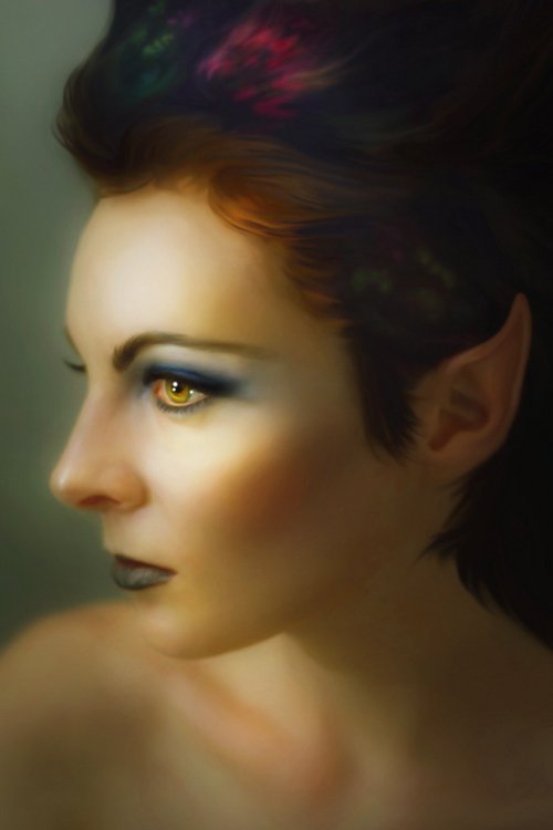 A fantasy portrait of a woman with pointed ears, glowing golden eyes, and dark, colorful hair against a blurred background.