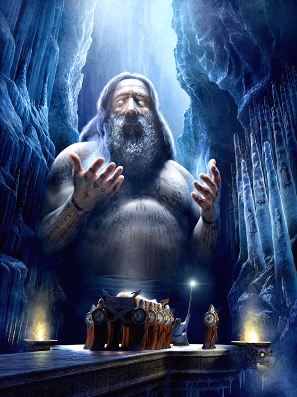 A towering fantasy god with glowing eyes and tattoos stands in an icy cavern, overseeing a group of armored warriors gathered before him.