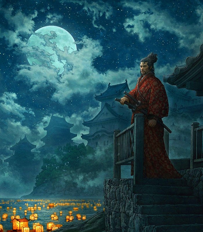 A fantasy warrior stands pensively on a balcony, gazing at a moonlit landscape adorned with glowing lanterns and distant castles, evoking a mystical atmosphere.