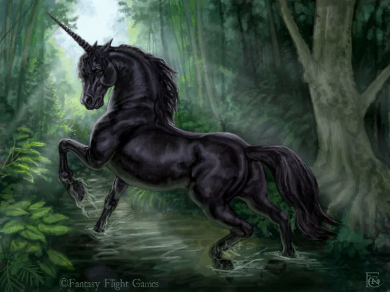 A majestic black unicorn rears in a lush, misty forest, blending fantasy elements with a dark, mystical atmosphere.