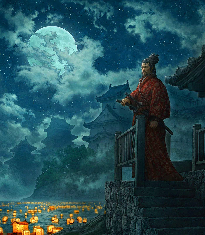 A fantasy warrior stands pensively on a balcony, gazing at a moonlit landscape adorned with glowing lanterns and distant castles, evoking a mystical atmosphere.