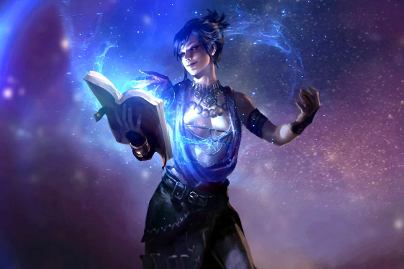 A powerful woman in a fantasy setting conjures magical energy from an ancient book, surrounded by a cosmic backdrop filled with swirling colors and stars.
