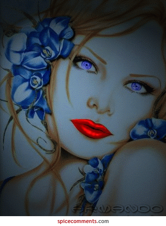 Abstract portrait of a woman with vibrant red lips and glowing blue eyes, surrounded by moving blue flowers, creating a surreal and dynamic visual effect.