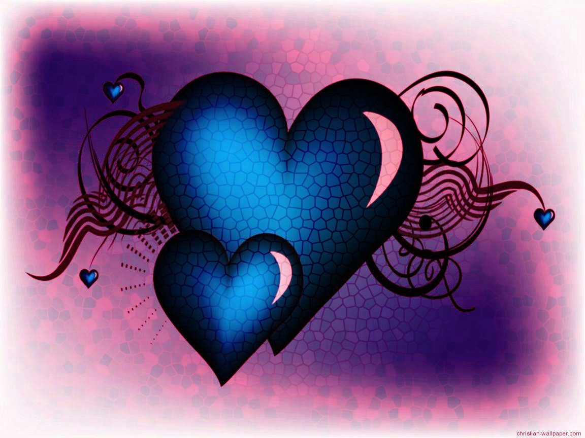Artistic heart illustration: two overlapping blue hearts with crescent highlights, swirled ornamental lines, tiny hearts and mosaic texture on a purple-pink background.