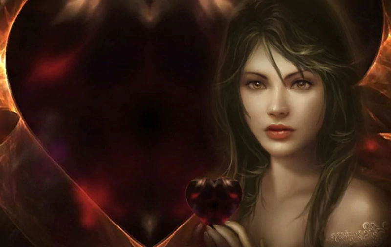 A fantasy-themed image of a woman holding a dark, heart-shaped gemstone, set against a mystical, swirling background that evokes a sense of allure and enchantment.