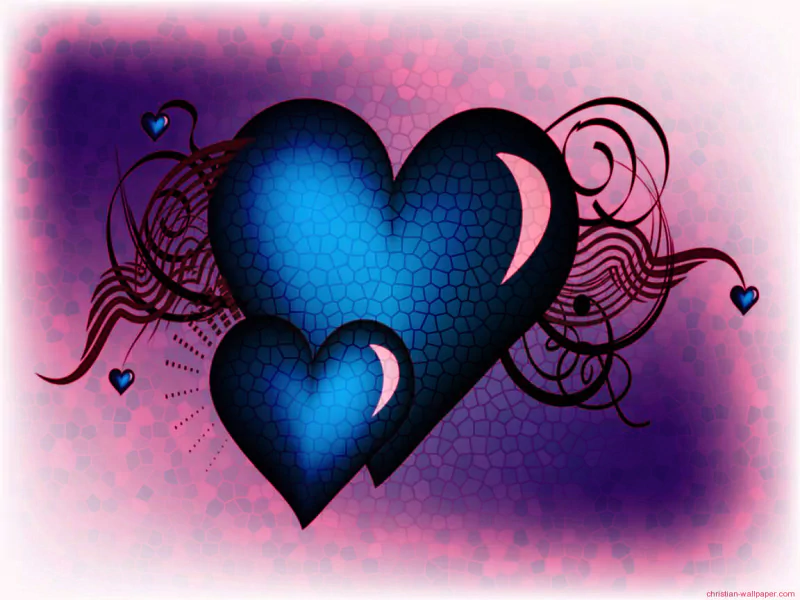 Artistic heart illustration: two overlapping blue hearts with crescent highlights, swirled ornamental lines, tiny hearts and mosaic texture on a purple-pink background.