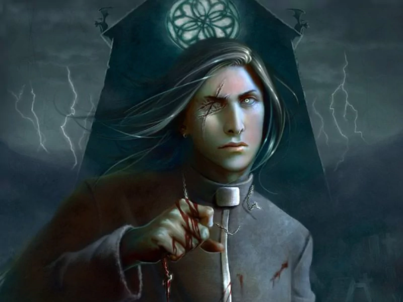 Dark portrait of a pale man in a clerical collar, bloodied fingers reaching out, lightning and a gothic window behind him.