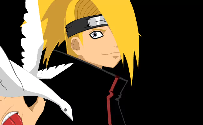 A character from the anime Naruto, featuring a character with long blonde hair and a confident expression, accompanied by a white bird, set against a stark black background.