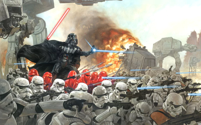 An intense scene from Star Wars featuring Darth Vader wielding a lightsaber, flanked by stormtroopers and Emperor’s Royal Guards, with AT-AT Walkers in the fiery background.