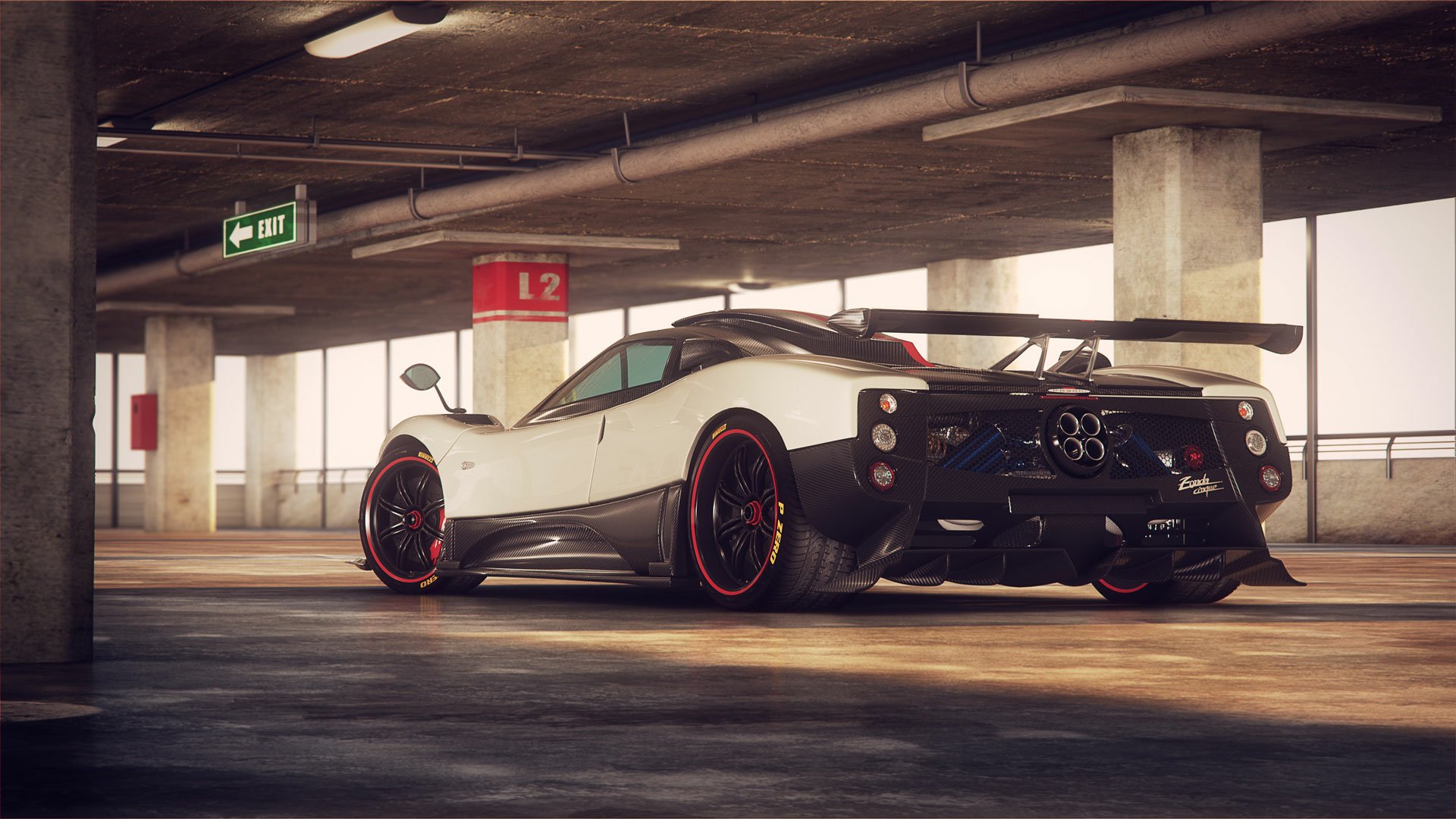 Rear three-quarter view of a white Pagani hypercar with black and red accents parked in a dim concrete parking garage.