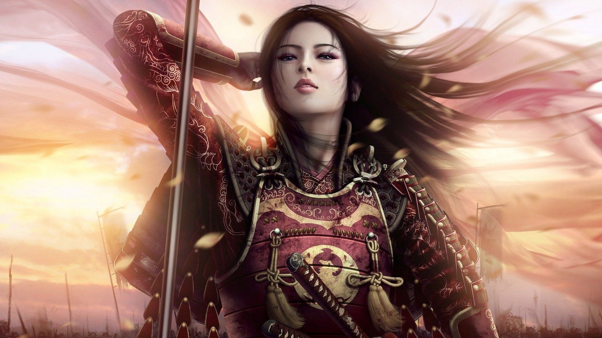 Female samurai in ornate Chinese-inspired armor with Legend of the Five Rings motifs, sword raised as petals and wind swirl beneath a glowing fantasy sunset.