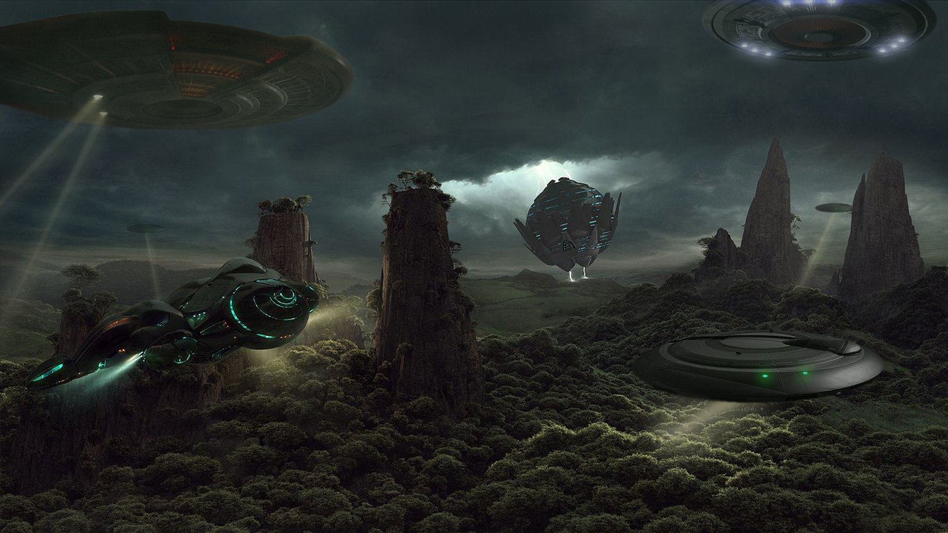 A sci-fi scene with multiple spaceships hovering over a dark, rocky, alien landscape under a cloudy sky.