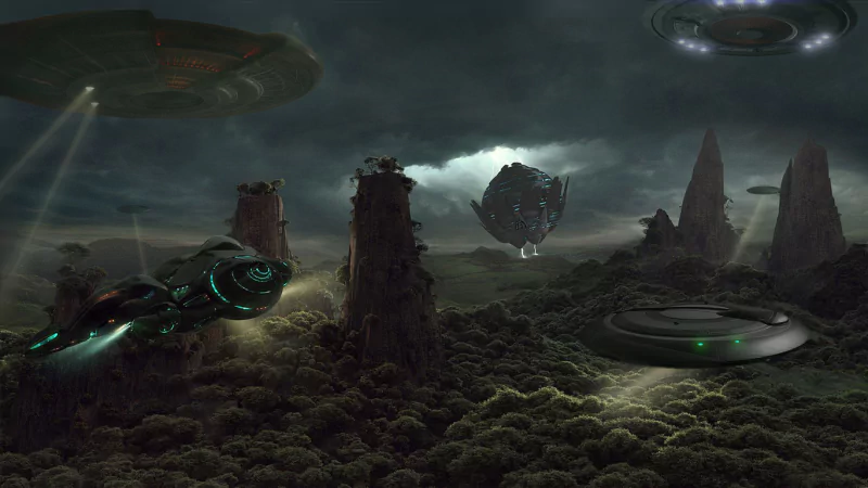 A sci-fi scene with multiple spaceships hovering over a dark, rocky, alien landscape under a cloudy sky.