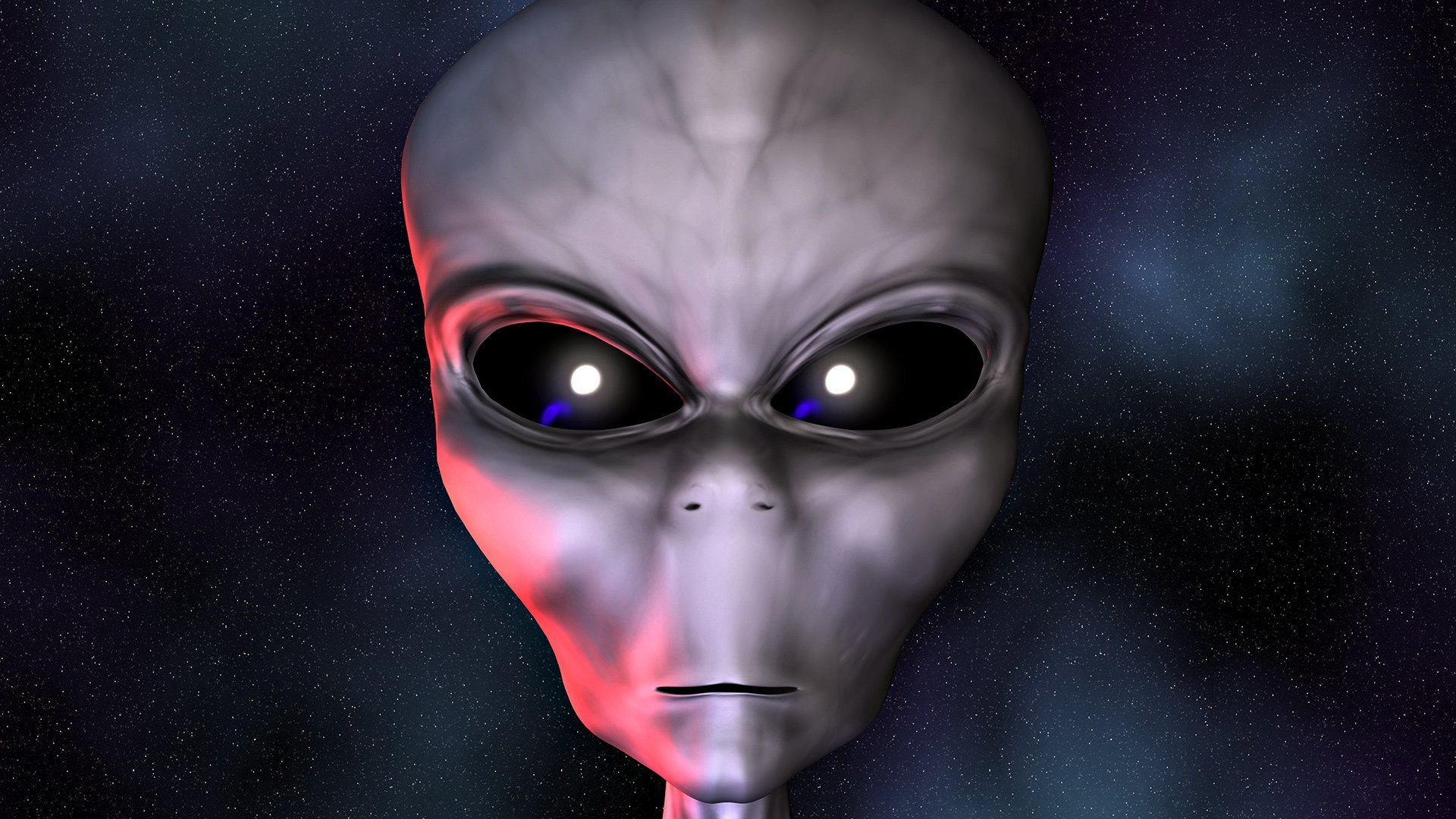 Sci-fi close-up of a gray alien with large black eyes and subtle red rim lighting against a starry nebula background.