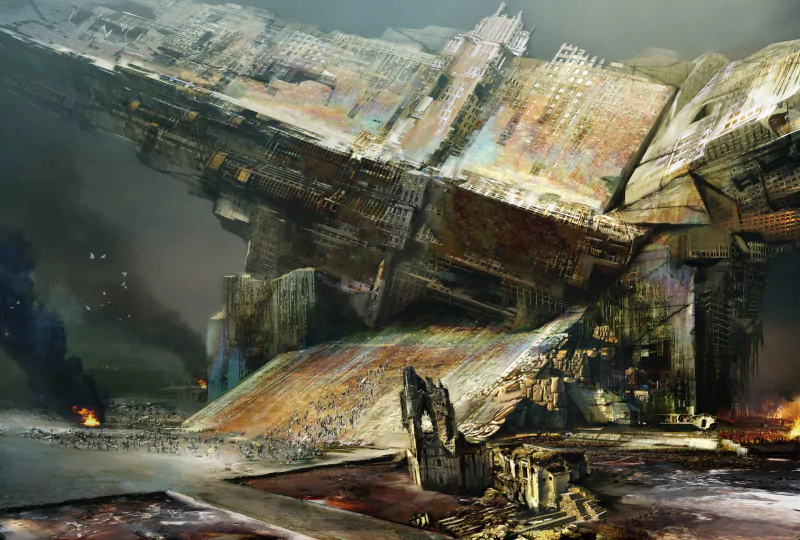 A lone figure stands amid debris in a sci-fi post-apocalyptic landscape dominated by a massive, crumbling futuristic structure under a smoky, ominous sky.