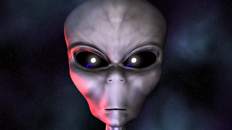 Sci-fi close-up of a gray alien with large black eyes and subtle red rim lighting against a starry nebula background.
