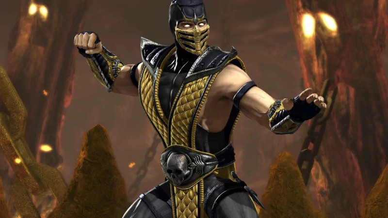 A character in a striking black and gold outfit, ready for battle, embodies the fierce spirit of the video game Mortal Kombat in a dramatic setting.