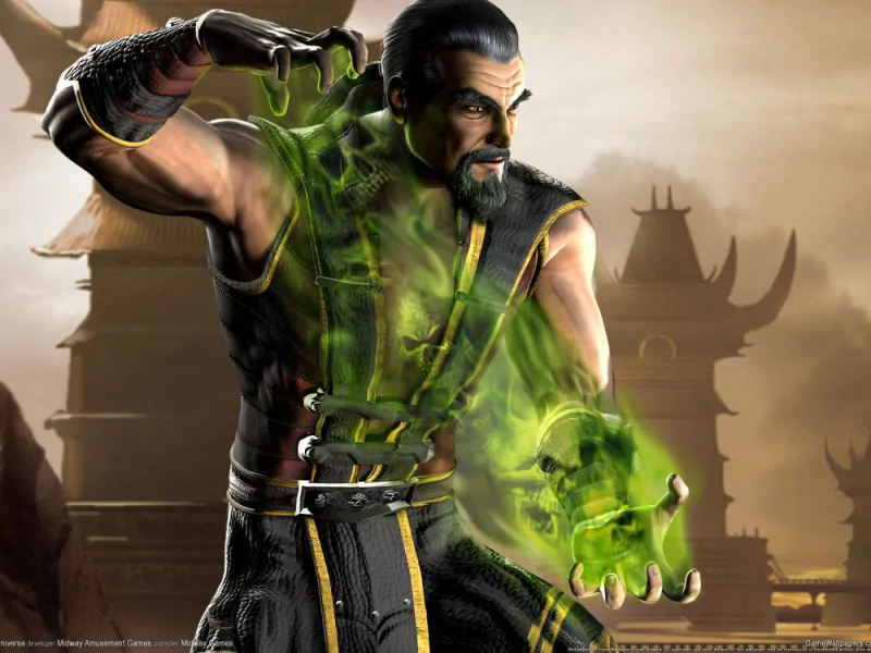 A character from the video game Mortal Kombat, showcasing a muscular fighter conjuring green energy with a dramatic background.
