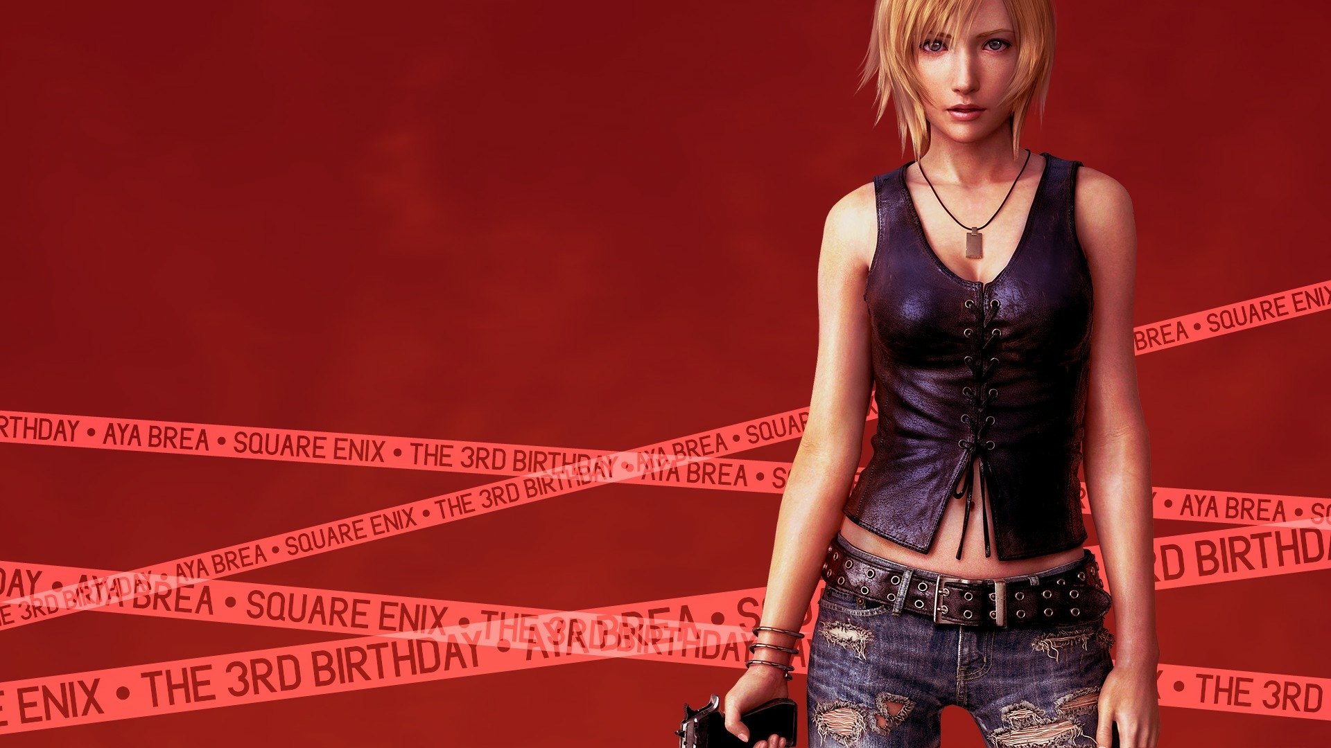 Aya Brea from the video game Parasite Eve — blonde woman in a dark vest and jeans holding a pistol against a red background with ribbon-like celebratory text.