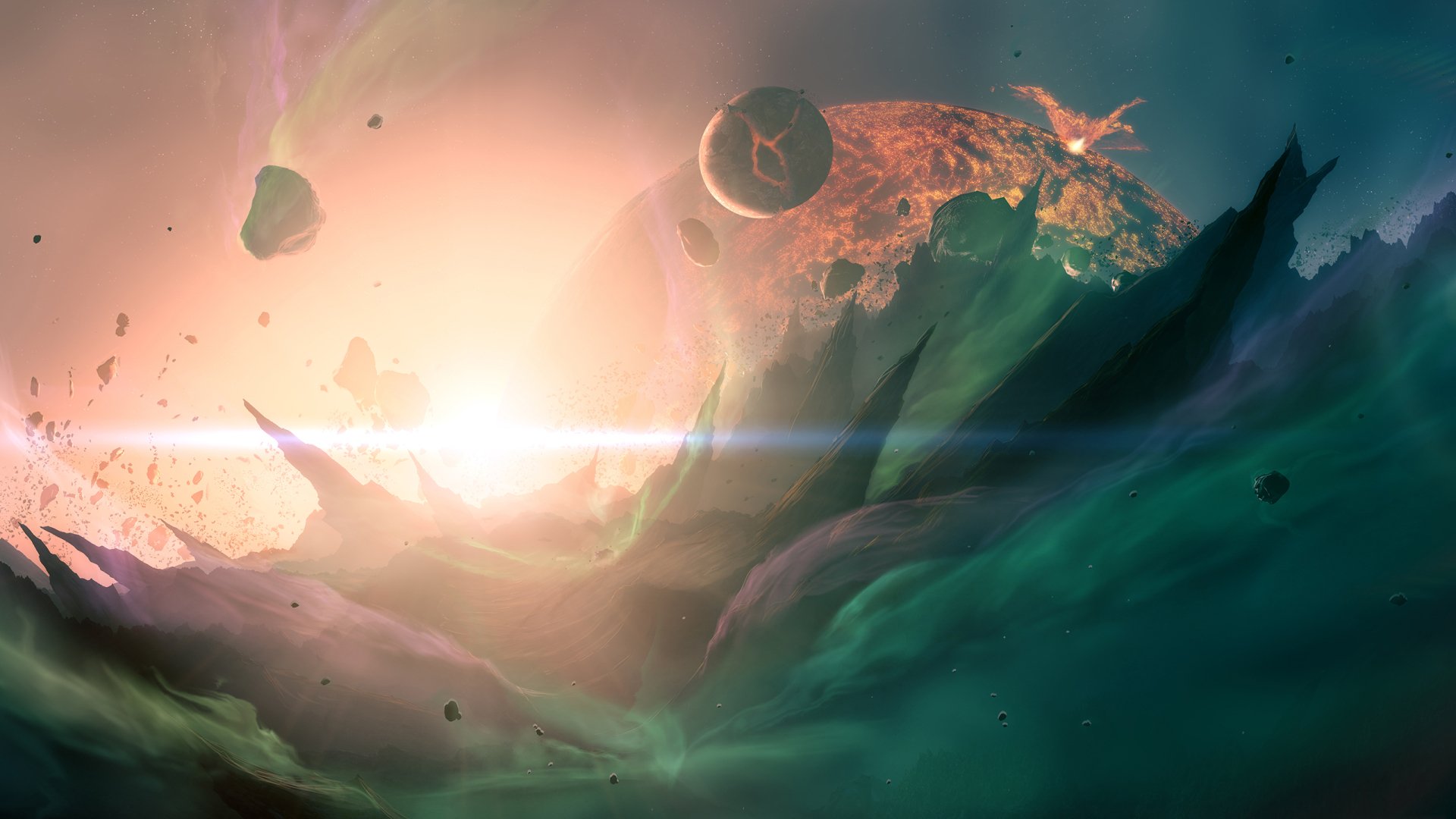 A Sci-Fi scene of a fiery planet with craters and glowing eruptions, surrounded by space debris and glowing cosmic clouds in a distant galaxy.