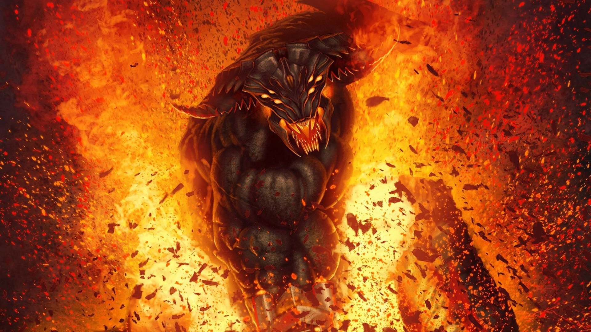 A fierce dark demon creature emerges from raging flames, with glowing eyes and sharp teeth, surrounded by fiery sparks and intense heat.