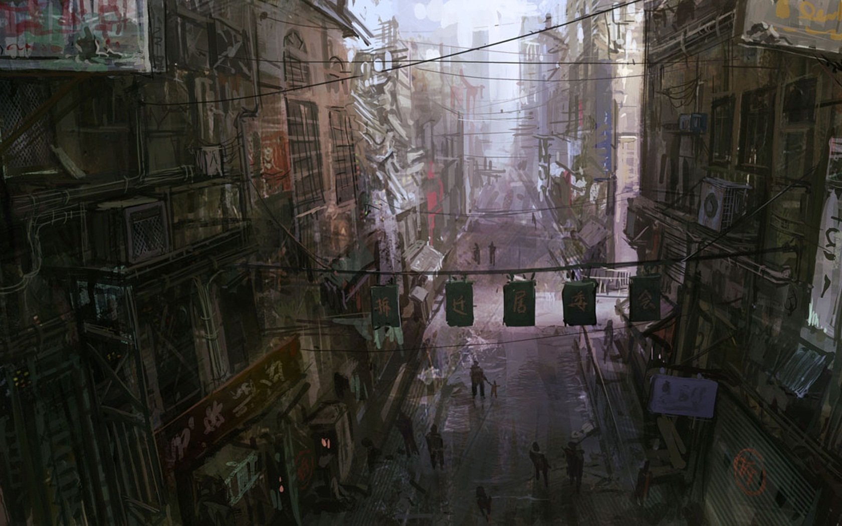A misty fantasy city: narrow, crowded street flanked by worn multi-level buildings, hanging banners and wires, silhouetted figures and carts.