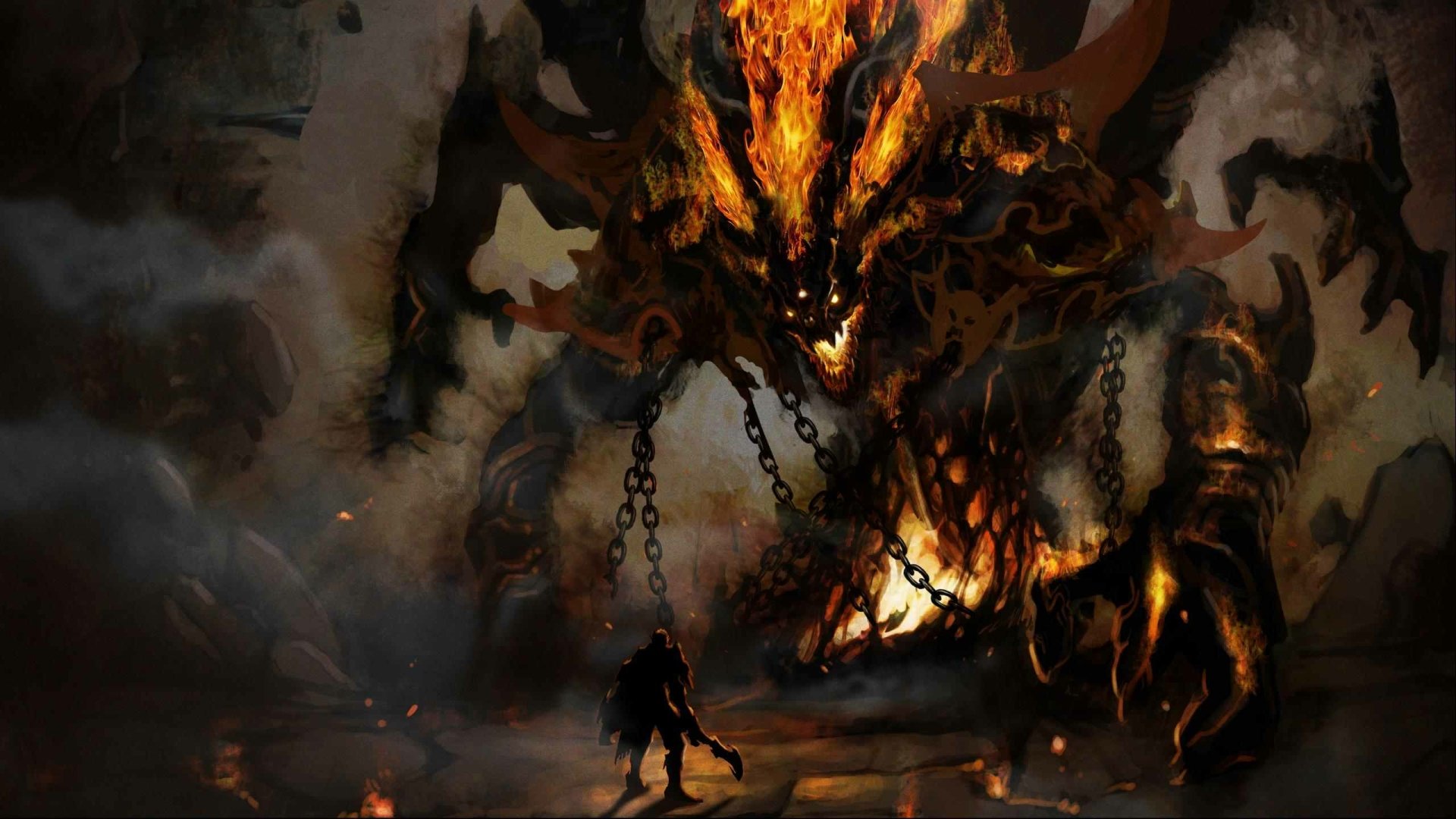 AION video game artwork: lone warrior confronts a towering, chained flaming demon in a dark, smoky battleground (Dark Gaming).