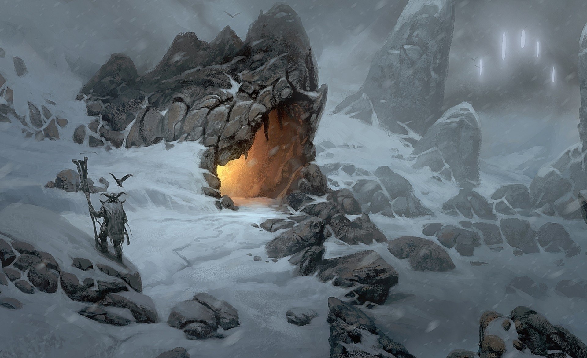 A snowy fantasy landscape featuring rocky terrain, a glowing cave entrance shaped like a serpent's mouth, and a lone figure approaching in the eerie, misty environment.