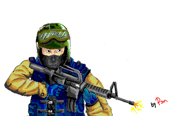 A soldier in tactical gear aims a military weapon, showcasing readiness and focus in a dynamic action scene.